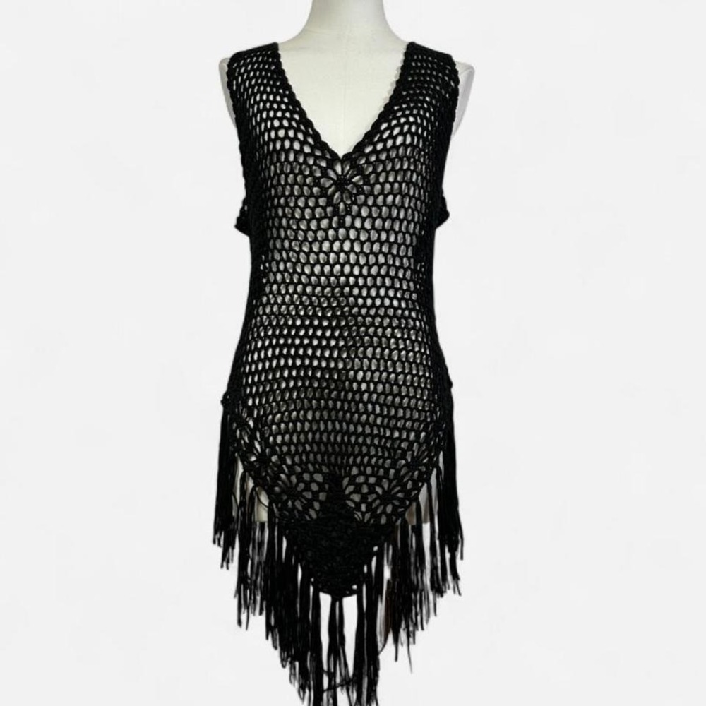 Black Crochet Knit Asymmetrical Fringe Cover Up Boho Dress Womens M/L